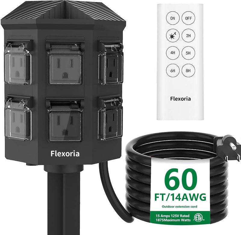 Flexoria Outdoor Power Stake Timer, Remote Control Dusk to Dawn Light Timer, 60FT Extension Cord Waterproof, 6 Grounded Outlets for Outdoor Christmas Decorations, ETL Listed - Image 1